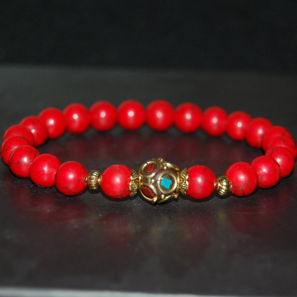 Red Howlite Bracelet,Tibetan Bracelet,Coral Brass focal Charm,8mm Beads